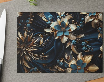 Luxurious Gold and Blue Floral Glass Cutting Board 8x11 or 11x15 Tempered Textured Surface Rustic Countryside Charm Kitchen Essential