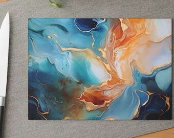 Gold and Blue marble with Gold textures Custom Large Cutting Board Design Tempered Glass BBQ Meat Chopping Board gift glass cutting board