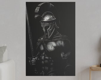 Spartan Warrior Full Body Portrait Canvas Art Black and White Classical Greek Wall Art Man Cave Decor Gift for Him cigar lounge wall art