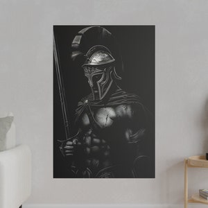 Spartan Warrior Full Body Portrait Canvas Art Black and White Classical Greek Wall Art Man Cave Decor Gift for Him cigar lounge wall art