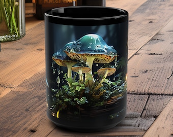 Evergreen Green Mushroom 15oz Mug Mystical Forest Print Nature Lover Gift for Her Large Mug Black Ceramic Glossy Finish Fantasy mug