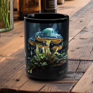 Evergreen Green Mushroom 15oz Mug Mystical Forest Print Nature Lover Gift for Her Large Mug Black Ceramic Glossy Finish Fantasy mug