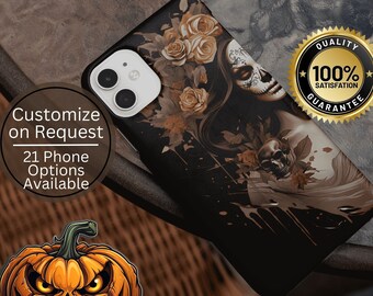 Day of the Dead Woman Sugar Skull Flowers Halloween Phone Cases Impact Resistant Glossy Finish Supports Wireless Charging tough case