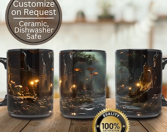 Evergreen Glowing Fantasy Forest Mug Nature Fairytale Coffee Mug Campfire Adventure Outdoor Tree Mug 15oz Black Ceramic Large Mug