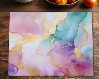 Teal Pink & White Glass Cutting Board Gold Textures Custom Large Cutting Board Design Tempered Glass BBQ Chopping Board gift for her Kitchen