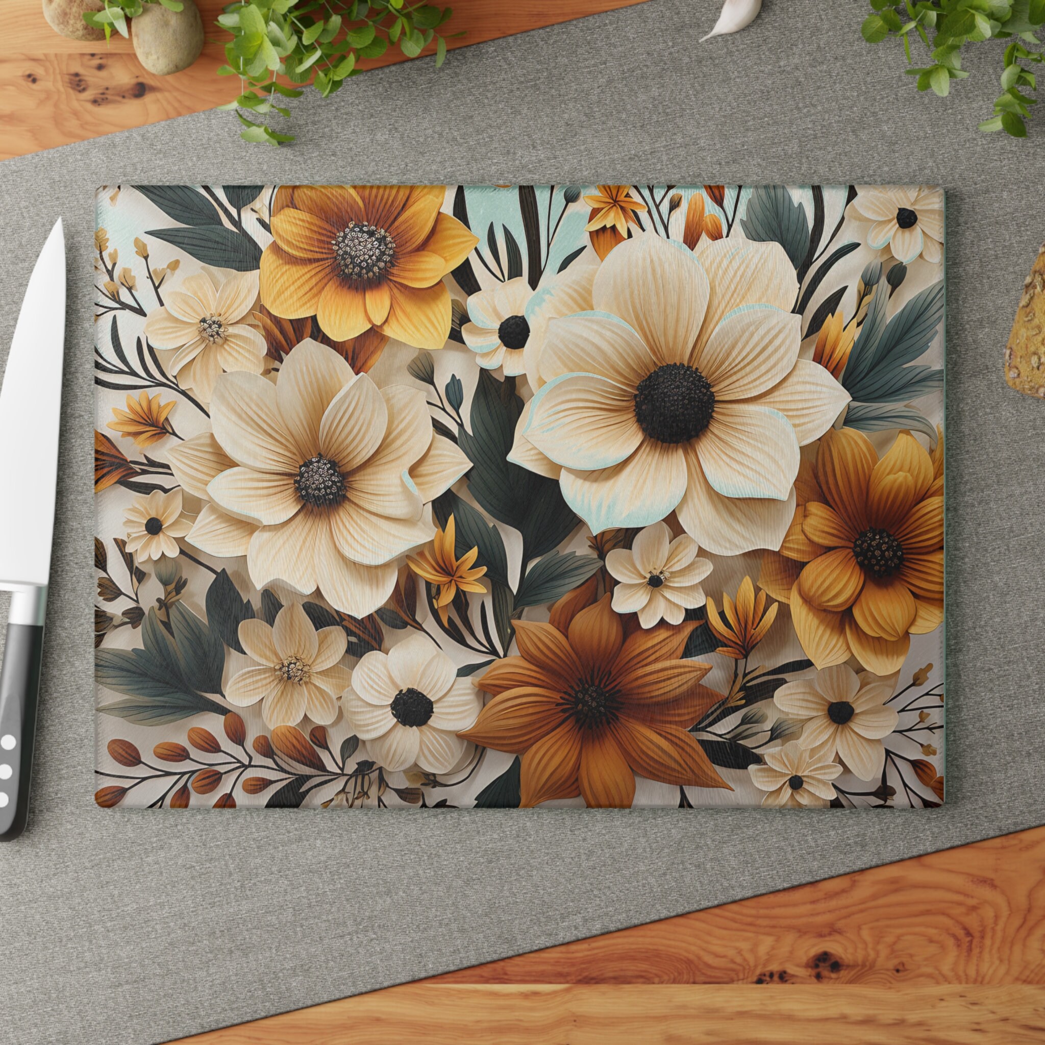 Rustic Floral Glass Cutting Board 8x11 or 11x15 Tempered Textured Surface Countryside Charm Kitchen Essential Vintage Look Nature-Inspired