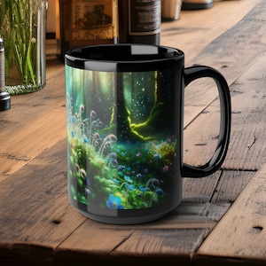 Evergreen Forest Coffee Mug Large 15 oz Mug with Tiny Blue Flowers and Dew-Covered Ferns in a Fantasy Forest Coffee Mug gift for her