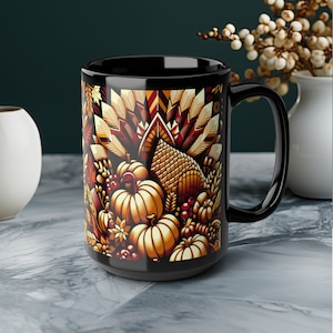 Thanksgiving Art with Pumpkins and Leaves Hot Coco Mug Fall Coffee Mug gift for her Fall Mug Autumn gift Idea Jumbo 15oz Mug