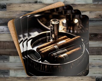 Juego de 4 posavasos para cigarros de alto brillo con parte trasera de corcho, accesorio duradero para cueva de hombre, perfecto para amantes de los cigarros, regalo de bar en casa
