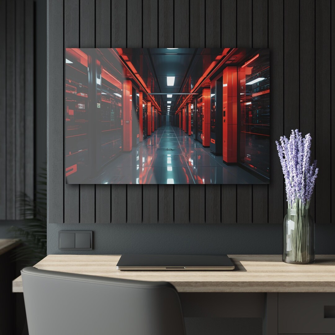 Server Room Wall Art With Red Accents Acrylic Glass Futuristic Tech