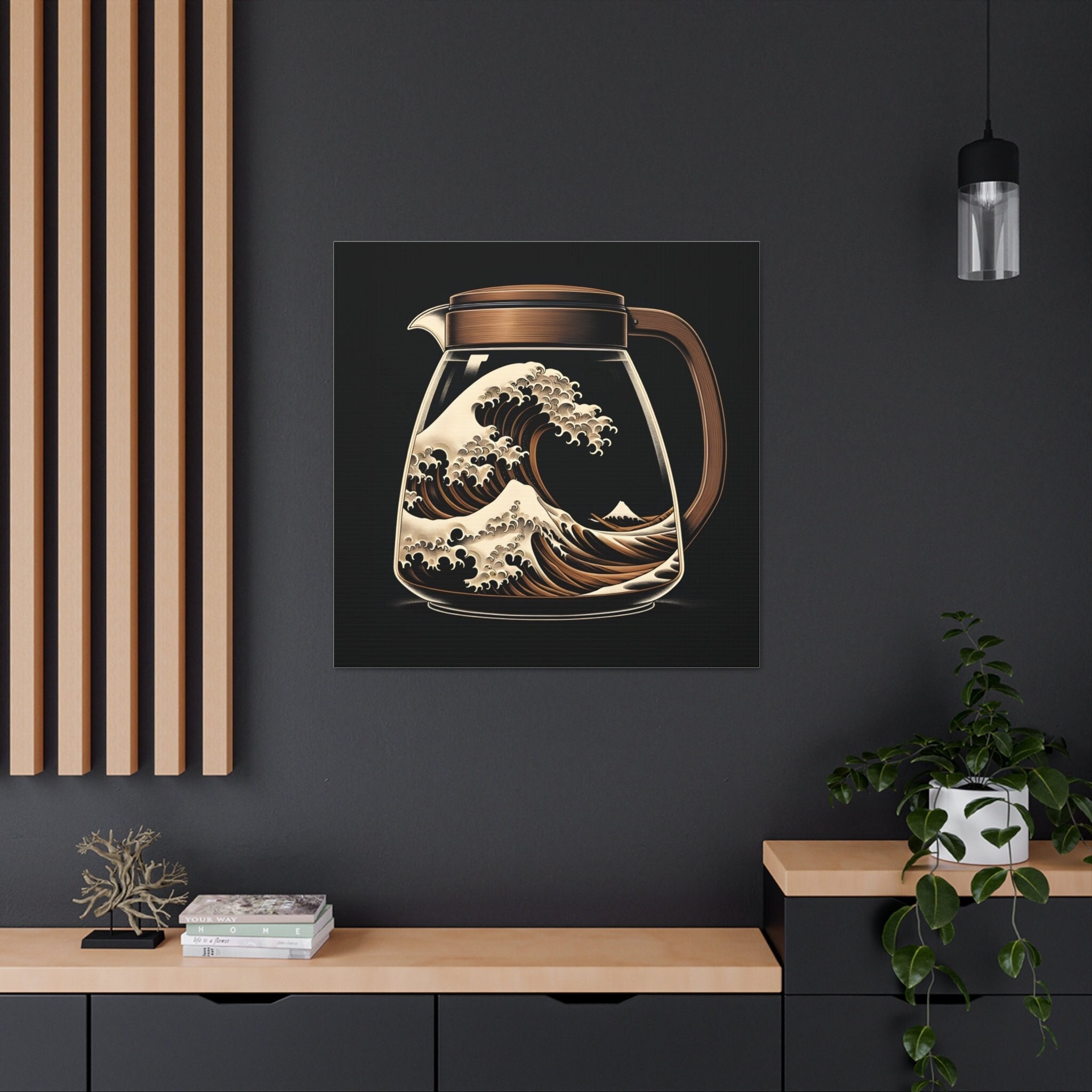 Great Wave inside Coffee Pot Carafe Canvas Art Unique Coffee Decor Modern Classic Interpretation Durable Cotton Wall Art for Home Office