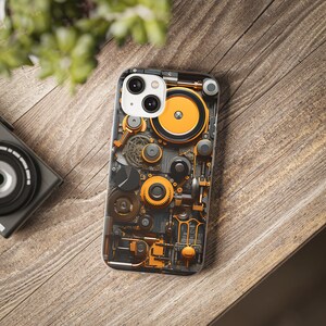 Samsung iPhone Case Mechanical Chip Design Flexi Cases Yellow Techy Phone Case for iPhones and Samsung Galaxy Phones for tech lovers