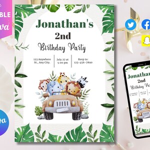 EDITABLE Safari Birthday Invitation, Wild One Birthday Welcome Sign, EDITABLE Safari Animals, Jungle Animals invitations