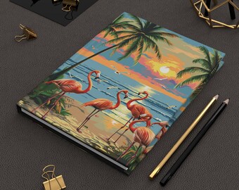 Hardcover Journal | Flamingos | Beach Sunset | Writing Notebook | Lined Pages | High-Quality | Gift | Man | Woman