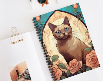 Siamese Cat | Alphonse Mucha Inspired | Spiral Journal | Writing Notebook | Lined Pages | High-Quality | Gift | Man | Woman