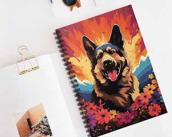 German Sheherd | Flowers | Spiral Journal | Writing Notebook | Lined Pages | High-Quality | Gift | Man | Woman