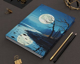 Moon rising over river | Hardcover Journal Matte | Writing Notebook | Lined Pages | High-Quality | Gift | Man | Woman