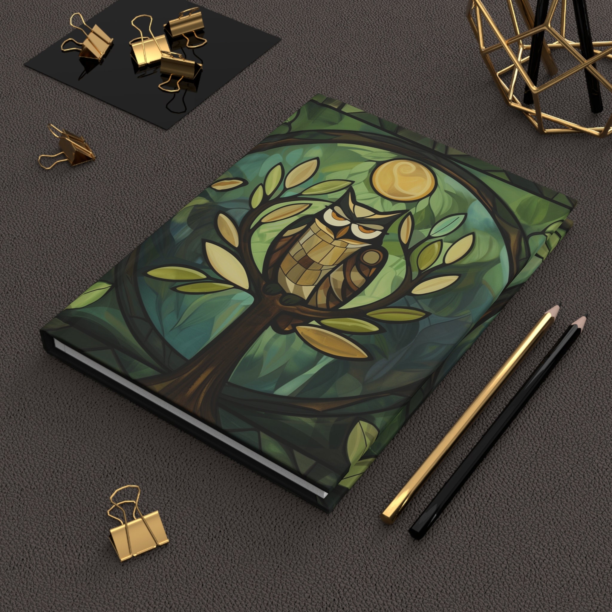 Hardcover Journal | Owl in Tree | Art Nouveau | Writing Notebook | Lined Pages | High-Quality | Gift