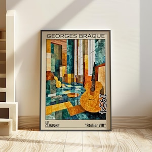Atelier VIII 1954 – Stampa/manifesto di Georges Braque – natura morta con chitarra cubista di metà secolo, arredamento musicale modernista, intellettuale dell'arte astratta