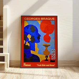 Fruttiera e bicchiere 1912 – Stampa/manifesto di Georges Braque – natura morta del cubismo analitico, arte astratta da tavola, decorazioni geometriche d'avanguardia degli anni '10