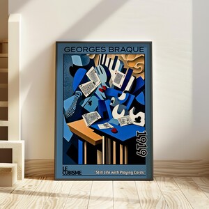 Naturaleza muerta con naipes, 1919 – Grabado/póster de Georges Braque – Naturaleza muerta poscubista, arte de juegos de cartas, decoración intelectual abstracta de la década de 1910