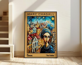 The Fiddler 1912–1913 – Marc Chagall inspired poster / cubist surreal art print – dreamy village scene le cubisme vintage celestial boho
