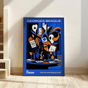 Naturaleza muerta con naipes, 1919 – Grabado/póster de Georges Braque – Naturaleza muerta poscubista, arte de juegos de cartas, decoración intelectual abstracta de la década de 1910