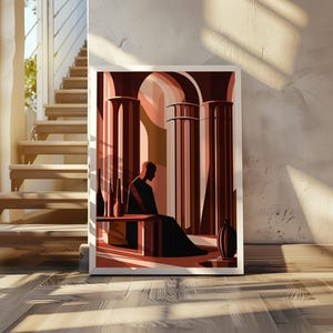 以下が含まれることがあります： 柱のある部屋に座っている人のイラストが額装されています。部屋は赤、オレンジ、茶色の色合いで塗られています。その人は長いローブを着ていて、ベンチに座っています。その人の後ろの棚にはボトルが置かれています。