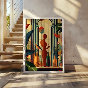 以下が含まれることがあります： ワイングラスを持った人物がドアに立っているイラストが額装されています。人物は、鳥と植物のあるカラフルな背景を背景にシルエットになっています。