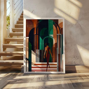 以下が含まれることがあります： 緑と茶色のアクセントがついた幾何学的なアーチを歩く、赤いドレスを着た女性を描いた抽象的なアートプリントです。