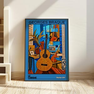 Atelier VIII 1954 – Stampa/manifesto di Georges Braque – natura morta con chitarra cubista di metà secolo, arredamento musicale modernista, intellettuale dell'arte astratta