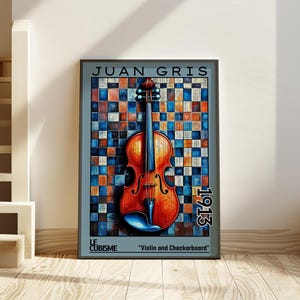 Violino e scacchiera 1913 - Stampa/manifesto di Juan Gris - Natura morta cubista, astratto geometrico, arredamento d'interni moderno, opera d'arte musicale