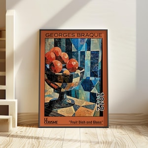 Fruttiera e bicchiere 1912 – Stampa/manifesto di Georges Braque – natura morta del cubismo analitico, arte astratta da tavola, decorazioni geometriche d'avanguardia degli anni '10