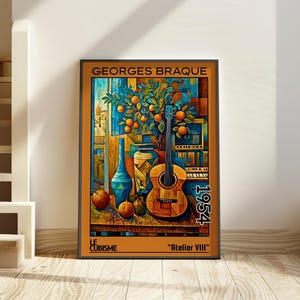 Atelier VIII 1954 – Stampa/manifesto di Georges Braque – natura morta con chitarra cubista di metà secolo, arredamento musicale modernista, intellettuale dell'arte astratta
