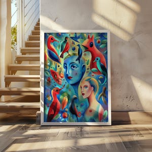 以下が含まれることがあります： 女性の姿が鳥と花に囲まれた、カラフルな抽象画。女性の顔は青色で、鳥は赤、青、緑。花は黄色とオレンジ。絵は、鮮やかで表現力豊かなスタイルで描かれている。