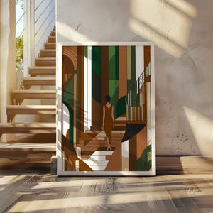 以下が含まれることがあります： 緑と茶色のアクセントのある建物の中で、茶色のドレスを着た女性が階段を上っている様子を描いた抽象的な幾何学模様の芸術プリントです。