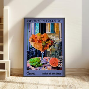 Fruttiera e bicchiere 1912 – Stampa/manifesto di Georges Braque – natura morta del cubismo analitico, arte astratta da tavola, decorazioni geometriche d'avanguardia degli anni '10