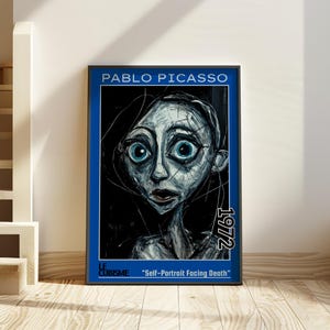 Peut inclure: Une affiche encadrée représentant l'autoportrait de Pablo Picasso intitulé "Self-Portrait Facing Death" de 1972. L'œuvre d'art a un cadre bleu et représente un visage stylisé avec de grands yeux bleus et une expression angoissée. Les mots "LE CUBISME" sont également visibles.
