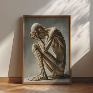 May include: A framed wall art print featuring a pale, emaciated, hairless figure in a seated, hunched position with hands pressed against the head. The figure has visible muscle definition and skeletal structure, rendered in muted beige and grey tones.