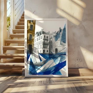 Lyonel Feininger-inspired art poster - bold abstract shapes - coastal cityscape - geometric modern poster - contemporary cubist artwork