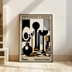 May include: Framed art print of a Cubist design by Fernand Léger. The artwork displays black and white geometric shapes, including vases and abstract forms, with the text "Contrast of Forms" and "1913".