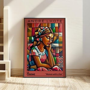 May include: A framed art print of a cubist painting by André Lhote, titled "Woman with a Fan", dated 1915. The artwork depicts a woman in a colourful geometric style, with a red and brown border.