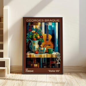 Atelier VIII 1954 – Stampa/manifesto di Georges Braque – natura morta con chitarra cubista di metà secolo, arredamento musicale modernista, intellettuale dell'arte astratta