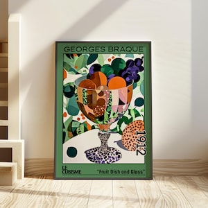 Fruttiera e bicchiere 1912 – Stampa/manifesto di Georges Braque – natura morta del cubismo analitico, arte astratta da tavola, decorazioni geometriche d'avanguardia degli anni '10