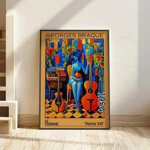 Atelier VIII 1954 – Stampa/manifesto di Georges Braque – natura morta con chitarra cubista di metà secolo, arredamento musicale modernista, intellettuale dell'arte astratta
