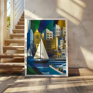 Lyonel Feininger-inspired cubism art poster - coastal sailboats poster - water reflections - geometric print - contemporary cubist artwork