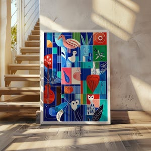 マルク・シャガール風キュビズムアートポスター - 抽象的な鳥と植物、鮮やかな色彩 - 鮮やかな抽象キュビズムの壁アート - 遊び心のある幾何学模様の装飾