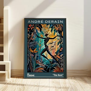 May include: Framed art print featuring a stylized illustration of a figure in motion amidst a lush, colorful jungle scene. The artwork, titled "The Hunt," includes the name "André Derain" and the year "1932." The style is reminiscent of Cubism.