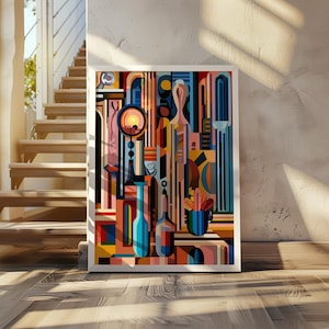 以下が含まれることがあります： カラフルで重ねられたデザインの抽象的な幾何学的な絵画。絵画は、青、緑、黄、オレンジ、赤など、さまざまな形と色を特徴としています。絵画は白いフレームで額装されています。