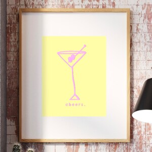 レトロでミニマリストな「乾杯」マティーニ カクテル グラス ライン アート 8 x 10 インチ JPEG デジタル ダウンロード アート プリント。
